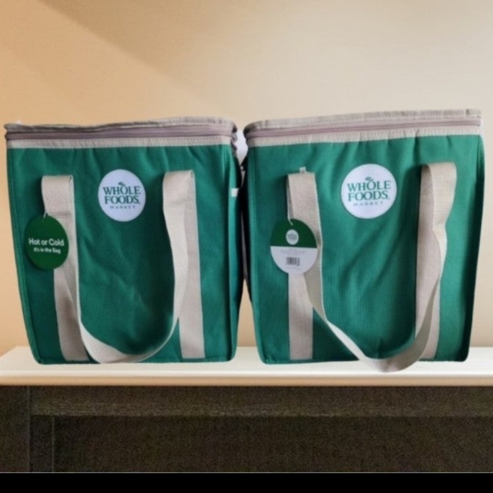 X2 WHOLE FOODS MARKET Insulated Reusable Cooler Green Grocery Shopping Bag